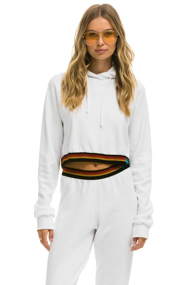 Women Tops Aviator Nation LOGO STRIPE CROP PULLOVER HOODIE 8211 WHITE