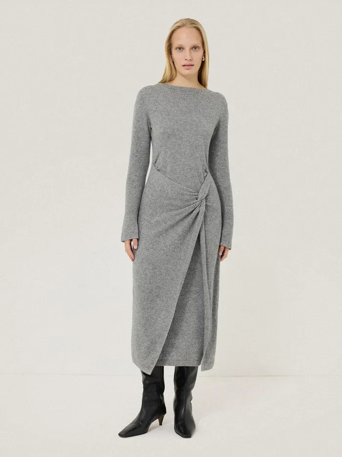 Women Wool Cashmere Blend Knot Dress Grey Jigsaw Dresses and Jumpsuits