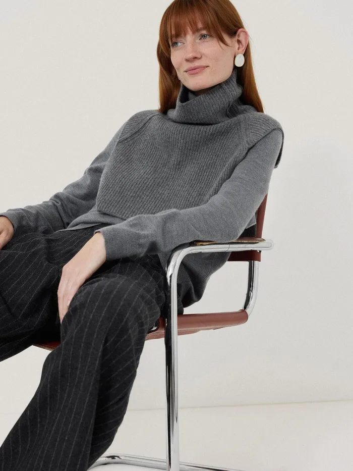 Women Wool Cashmere Roll Neck Bib Grey Jigsaw Ponchos and Scarves