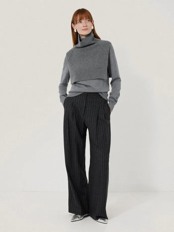 Women Wool Cashmere Roll Neck Bib Grey Jigsaw Ponchos and Scarves