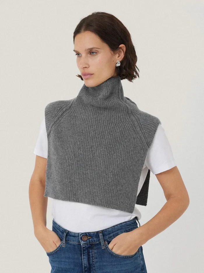 Women Wool Cashmere Roll Neck Bib Grey Jigsaw Ponchos and Scarves