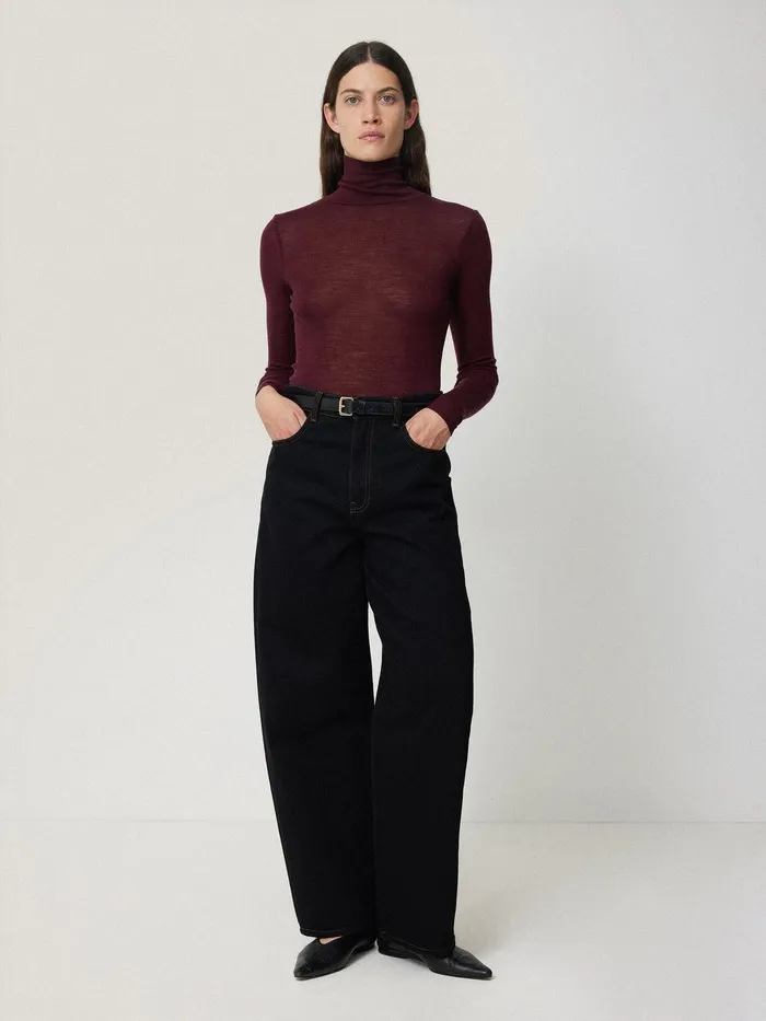 Women Wool Jersey Polo Neck Top Burgundy Jigsaw Shirts and Tops