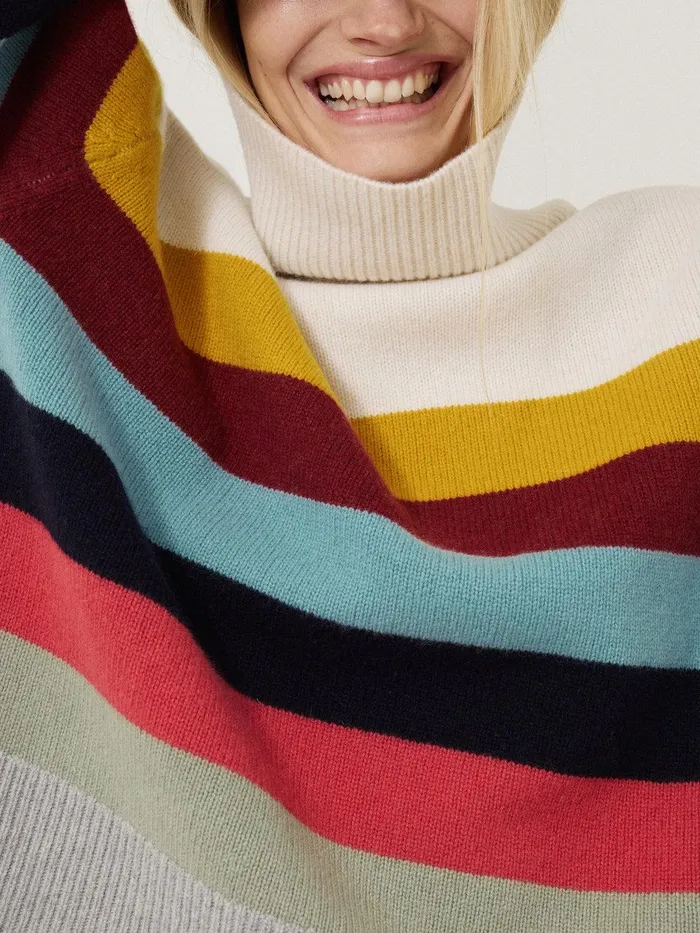 Women Wool Multi Stripe Turtleneck Grey Jigsaw Knitwear and Cashmere