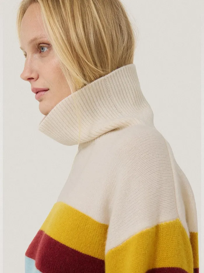 Women Wool Multi Stripe Turtleneck Grey Jigsaw Knitwear and Cashmere
