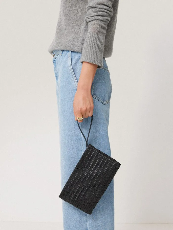 Women Woven Leather Pouch Black Jigsaw Bags