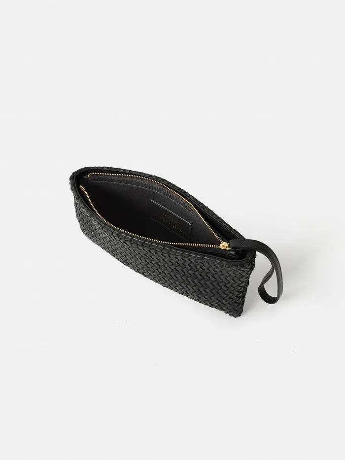 Women Woven Leather Pouch Black Jigsaw Bags